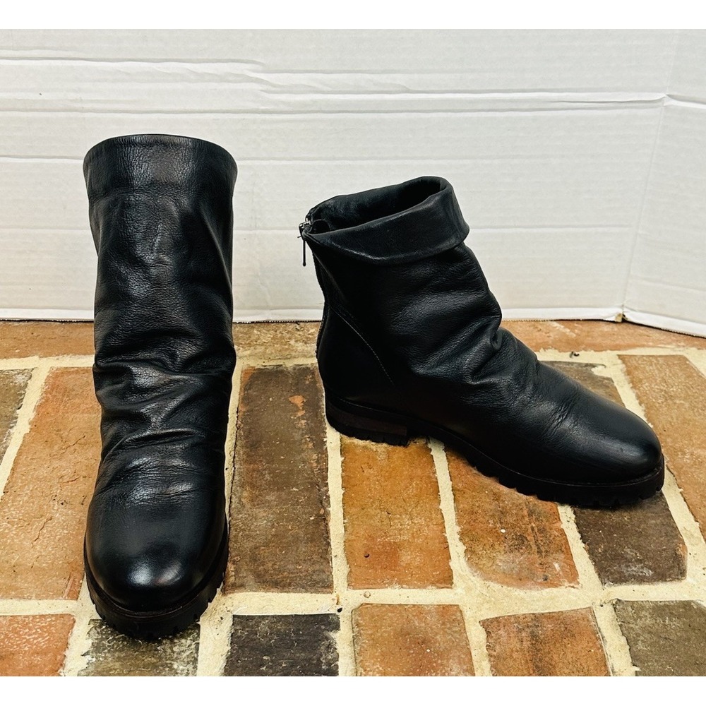 Skechers Black Leather Boots Slouch Ankle Foldable Back Zip Lug Sole Women's 6.5